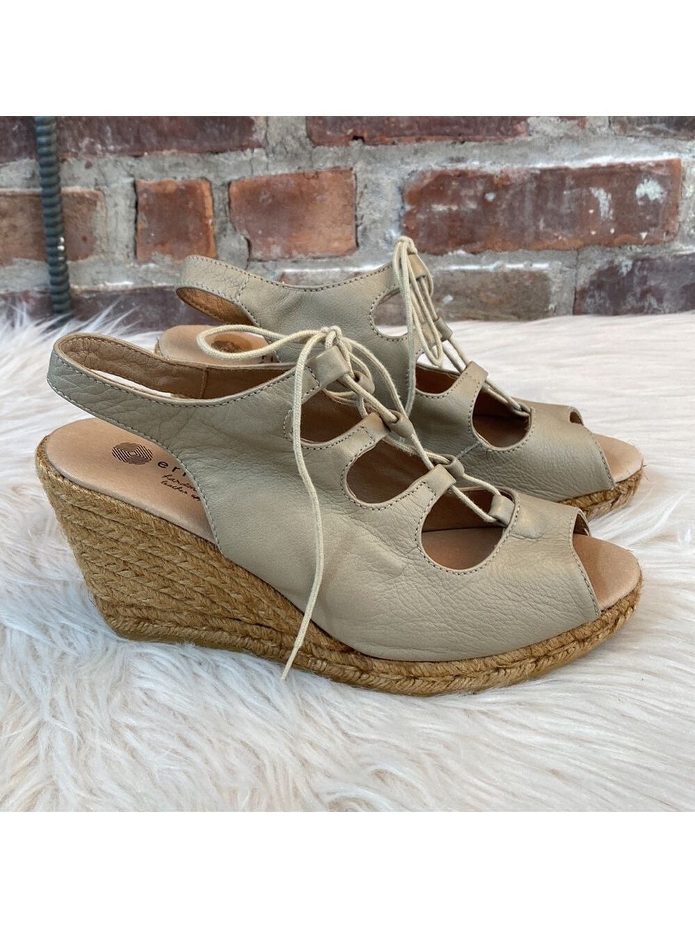 Eric Michael Taupe Leather Espadrille Wedges, Size 39